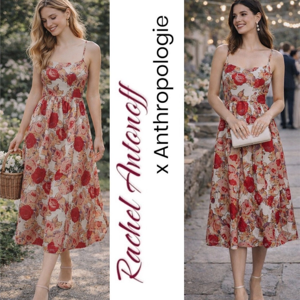 RACHEL ANTONOFF‎ x ANTHROPOLOGIE Rose Floral Strappy Midi Dress Wedding Guest S